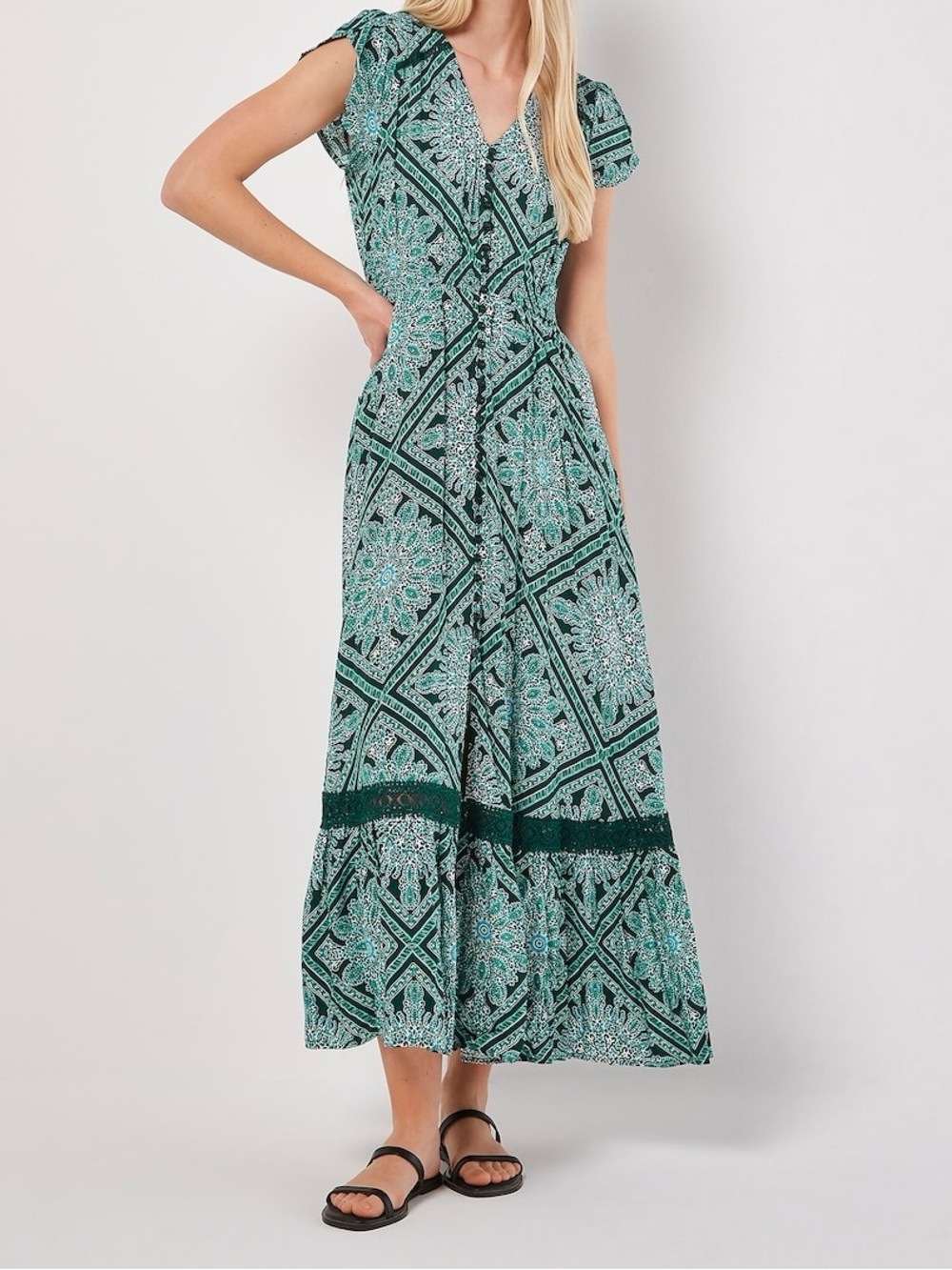 APRICOT Teal & Dark Green Patterned V-Neck Maxi Dress